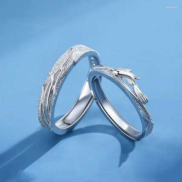 Anéis de casamento simples casal abertura anêmona e peixe ajustável para homens mulheres casamento romântico compromisso jóias presente dropship