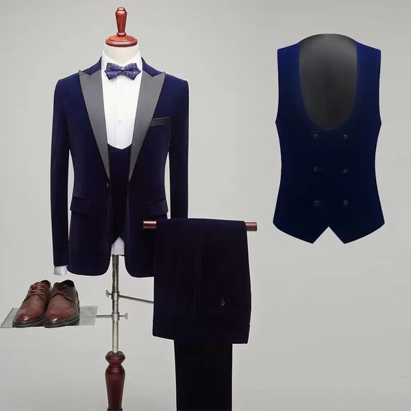 Erkekler Blazers moda mavi kadife erkek takım elbise düğün damat smokin resmi iş blazer ince fit 3 adet set kostüm homme ceket pantolon 231113