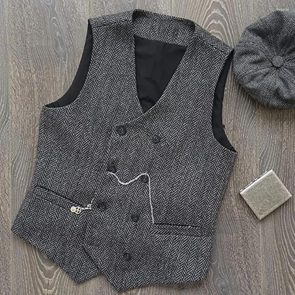 Gilet da uomo Abito da uomo Grigio Scollo a V a spina di pesce Tweed di lana Gilet doppio petto Smoking Matrimonio Groomsmen Banchetto Set da lavoro