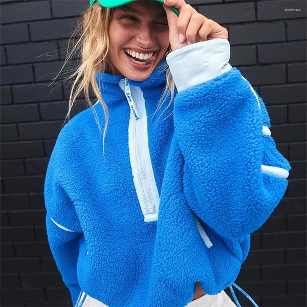 Suéteres femininos Mulheres Sherpa Pulôver Zip Up Hoodie Turtleneck Patchwork Cordão Streetwear Faux Lambswool Oversize Moletom Casual