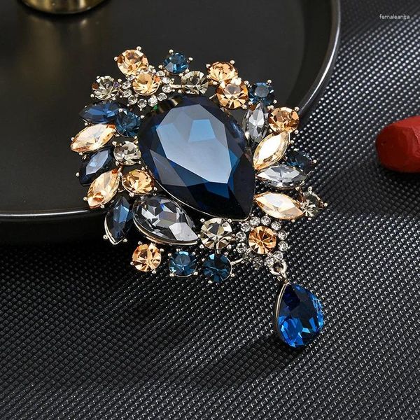 Broches retro azul pedra preciosa de alta qualidade waterdrop grandes pinos terno feminino vestido pino corsage acessórios decorativos de casamento