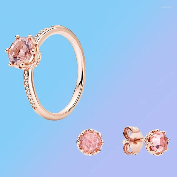 Anelli a grappolo 2023 di alta qualità S925 in argento sterling originale di nicchia 1:1 rosa lucido solitario corona anello orecchini regalo romantico per le ragazze