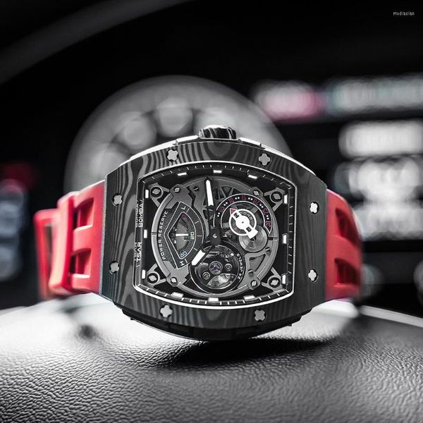 Armbanduhren Mechanische Uhren Herren Kohlefaser TSAR BOMBA Automatik Saphir Skelett Tonneau Design Luxus Armbanduhr für Herren