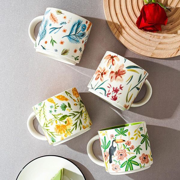 Tazze Latte Tazza da caffè Fiore Tazza in ceramica smaltata Uccello Tè Famiglia Grande capacità Colazione Regalo d'affari