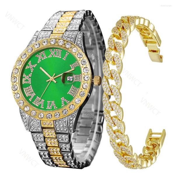 Avanadores de pulso 2pcs homens de luxo Golden Watch Ladies Wrist Rhinestone Hip-Hop Diamond Bracelet Male Relógio Relógio Feminino