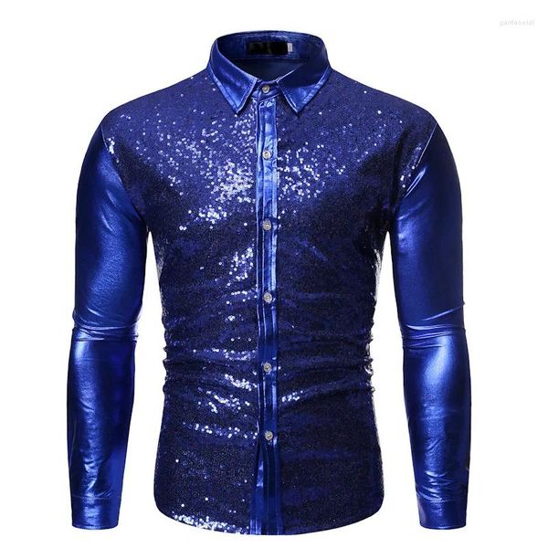 Camisas casuais masculinas Royal Blue Lantejoulas Camisa Homens Chemise Homme 2023 Moda Brilhante DJ Nightclub Mens Partido Casamento Smoking Vestido Camisas