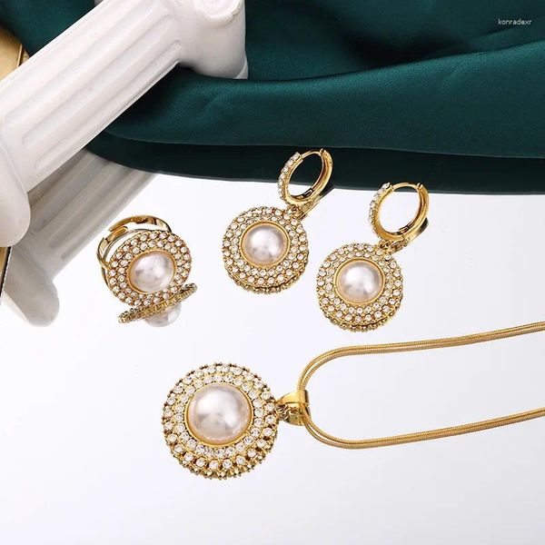 Conjunto de collar y pendientes MANDI, joyería diaria chapada en oro con incrustaciones de perlas de moda, diseño Original, conjuntos de anillos de circón de 18k para mujer