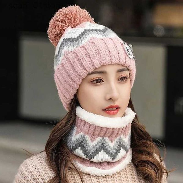 Chapéus cachecóis conjuntos de inverno quente gorros chapéu anel cachecol 2 peças mulher pompons chapéus de malha cs moda chapéu cachecol conjunto ao ar livre neve equitação crâniosl231113