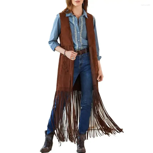 Coletes femininas ocidentais franjas colete mulheres longo colete 70s hippie cardigan franja borla com bolsos de remendo para cowboy