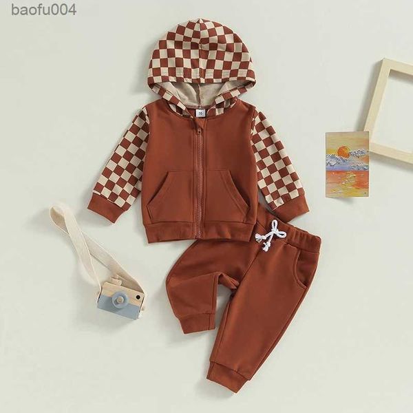 Conjuntos de roupas para meninos, roupas xadrez com zíper, manga comprida e calças compridas, 2 peças