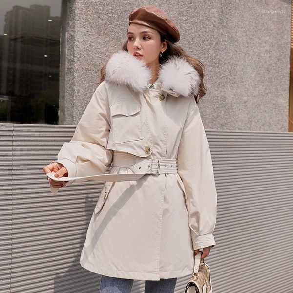 Piumino da donna 2023 Giacca invernale coreana Cappotto da donna con cappuccio Puffer Parka Collo di pelliccia Anatra bianca Capispalla calda femminile spessa con cintura