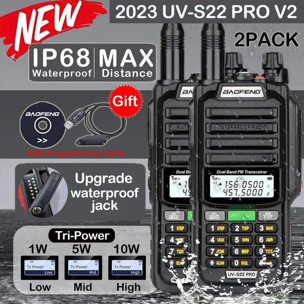 Walkie Talkie 2pcs Baofeng Walkie Talkie profissional 10W poderoso UV S22 PRO IP68 à prova d'água VHF UHF Dual Band bidirecional CB Ham Radio para caça 231113