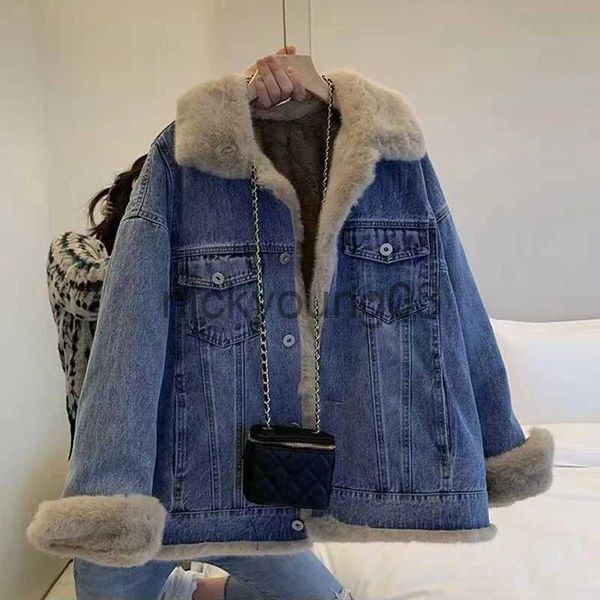 Jaquetas femininas oversize inverno denim jaqueta para mulher 2023 novo quente engrossar plush jeans casacos mulher turndown colarinho mangas compridas jaquetas topo j231113