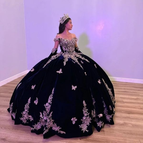 Kelebek lacivert prenses quinceanera iki eldiven ile elbiseler aplike boncuklu balon kristalleri doğum günü balo vestidos 322