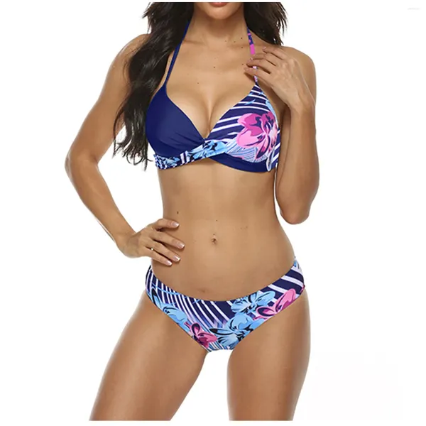 Mulheres Swimwear Color Block Imprimir High-breasted Straps Bikini Set Two-Peça Swimsuit Tankini Mulheres 2023 Ternos de banho