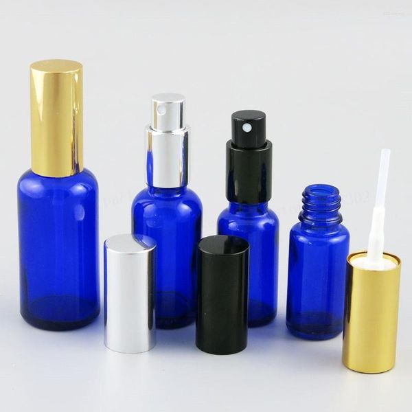 Bottiglie di stoccaggio Bottiglia di vetro blu cobalto con nebulizzatore in alluminio Profumo da viaggio vuoto 100ML 50ML 30ML 20ML 15ML 10ML 200 pezzi