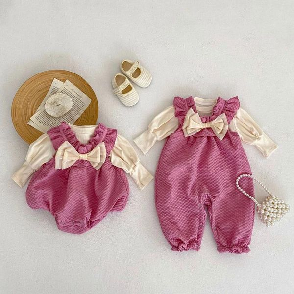 Kleidung Sets Herbst Infant Großen Bogen Overalls Set Mädchen Baby Feste Beiläufige Bodysuit Anzug Geboren Mode Baumwolle Hosenträger Strampler Tops 2 stücke