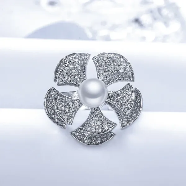 Кольца кластера 2023, модное кольцо-спиннер для женщин, высокое качество, кубический цирконий, белое золото, ювелирные изделия с искусственным жемчугом