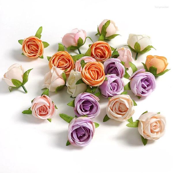 Flores decorativas 10 pçs 4cm flor artificial com folhas pequeno botão tecido de seda decoração para casa rosa material diy