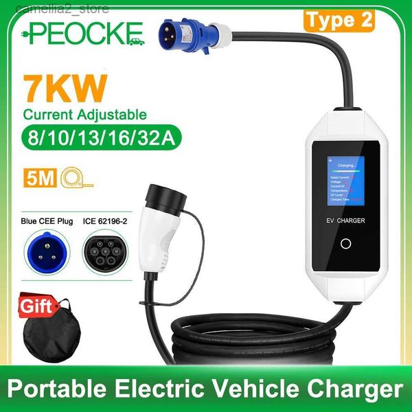 Acessórios para veículos elétricos Peocke Carregador de veículo elétrico Type2 Cabo portátil de carregamento EV Controlador de caixa de parede Plugue CEE IEC62196-2 Adaptador EVSE 7KW 32A Q231113