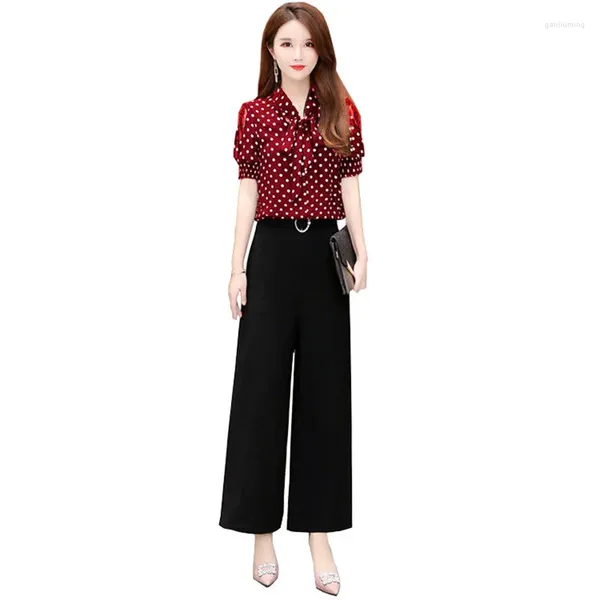 Calça de duas peças feminina clandela de chiffon camisa larga perna larga mulher moda moda esbelta