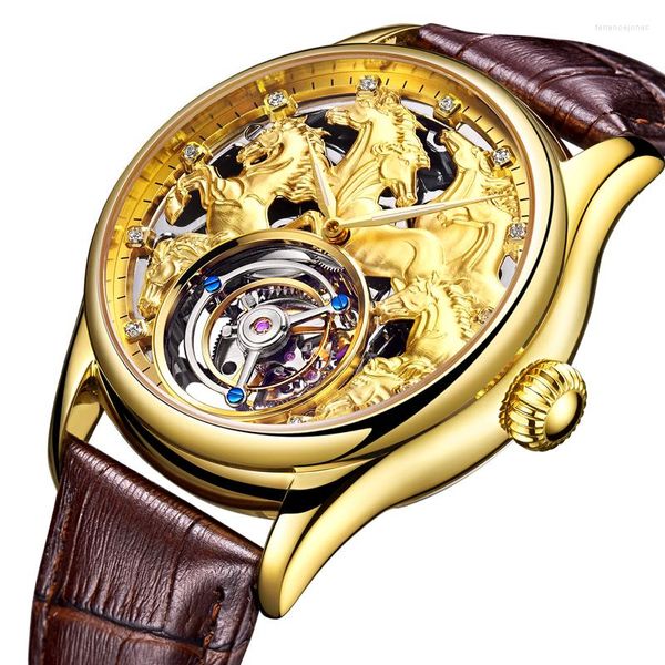 Orologi da polso Gold Zodiac Horse Scheletro completo da uomo Luxury Tourbillon Orologio meccanico Zaffiro Orologi da uomo in vera pelle Relogio