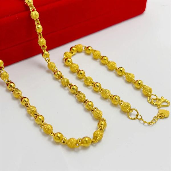 Halskette Ohrringe Set Gold Farbe für Frauen 6mm Buddha Perlen Kette Armband 2Stk Trendige Accessoires Party Geschenke