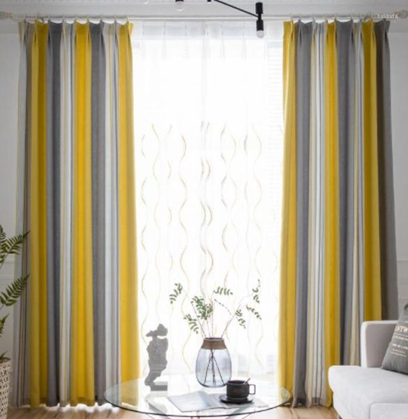 Cortinas de estilo escandinavo para salas de jantar de vida, quartos amarelos listrados cinza Blackout Blue Transparent Tulle