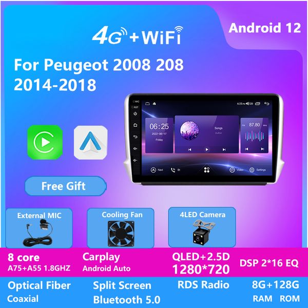 Einzigartiger UI Android 12 Auto DVD Video Player für PEUGEOT 2008 208 2014-2018 mit WIFI GPS Audio 4g DSP BT 4G