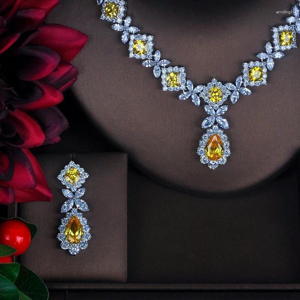 Collana orecchini set fascino moda giallo zirconi cubici per le donne set da sposa da sposa orecchini regalo all'ingrosso N-392