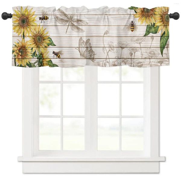 Cortina girassol abelha borboleta textura de madeira cortinas da janela da cozinha decoração para casa curto sala estar quarto pequenas cortinas