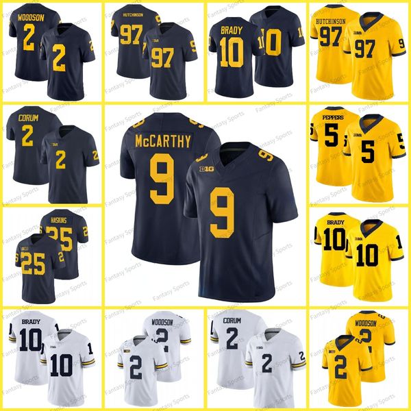 9 JJ McCarthy College Michigan Wolverines Jersey CORUM 2 Woodson 10 Tom Brady 97 Aidan Hutchinson Peppers Futebol costurado masculino amarelo azul branco