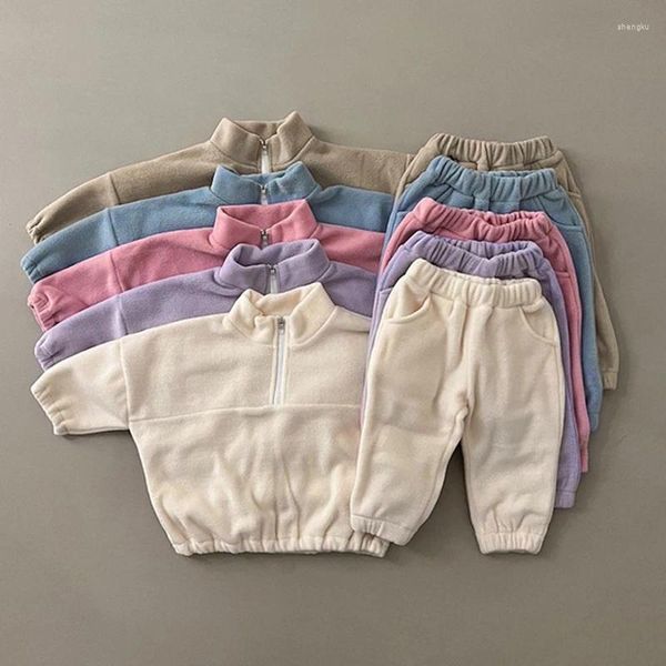 Set di abbigliamento 2023 Vestiti del bambino Autunno invernale Tuta sportiva calda Bambino in pile Tinta unita Felpe con cappuccio Vestito infantile 2 pezzi Ragazze dei ragazzi