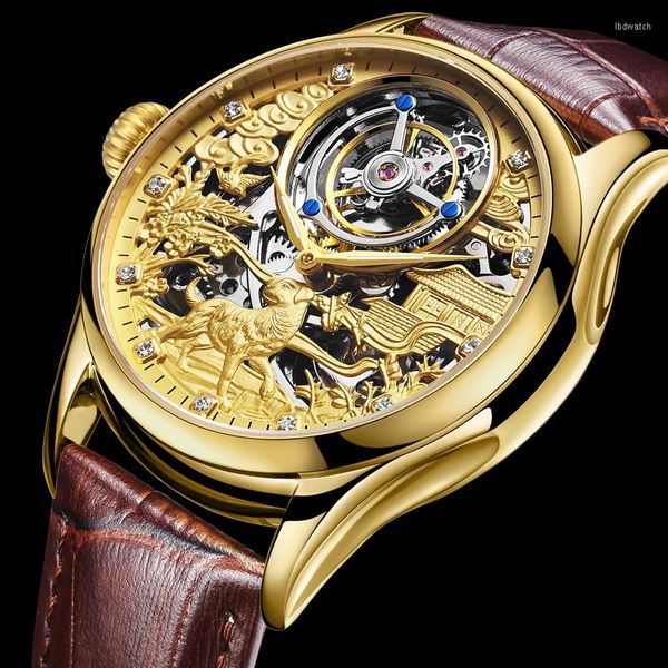 Armbanduhren AESOP Marke Tourbillon Uhr Luxus Geschnitzte 3D Hund Linke Krone Mechanische Handaufzug Armbanduhr Saphir Uhr Für Männer Reloj