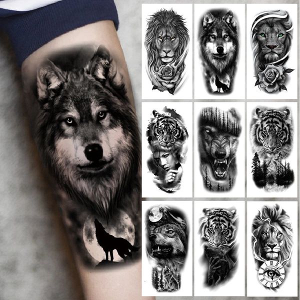 Libri di tatuaggi Manicotto del braccio superiore Corona Leone Tigre Testa di lupo Adesivi temporanei impermeabili Body Art Falso per donne Uomini 231113