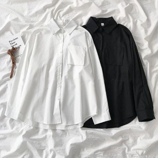 Camicette da donna Camicie scolastiche bianche Moda JK Stile preppy Primavera Giappone Manica lunga Ragazze Camicia nera Camicetta con bottoni Harajuku Top