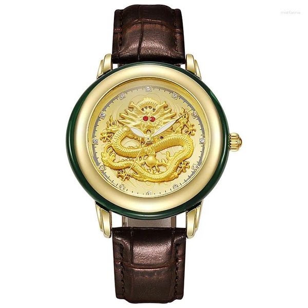 Orologi da polso Orologio da uomo in giada Drago Totem Quadrante al quarzo Puntatore luminoso Moda di lusso Orologio da polso Jasper Uomo Personalità unica Ragazzo duro