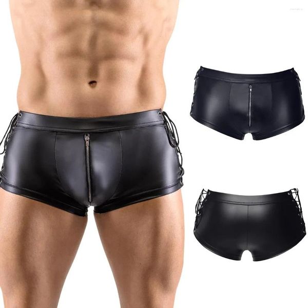Unterhosen Männer Sexy Black PU Hollow Out Front Open Crotch Boxers Seitengurt Reißverschluss Unterwäsche Gay Sissy Erotische Crotchless Clubwear Höschen