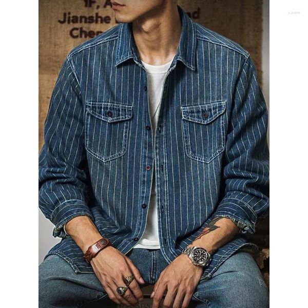 Camisas casuais masculinas camisa listrada de jeans homem de bolso de manga longa vintage homme homme primavera botão de outono jeans bluusas de jeans