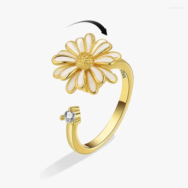 Anéis de casamento flor rotativa para mulheres aço inoxidável banhado a ouro ajustável anel de margarida moda jóias presente bijoux femme