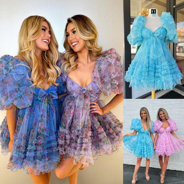 Imprimir vestido de regresso a casa floral 2k23 arco curto hoco de ballão mangas de ballon drama coquetel cocktail fester hóspedes clube de férias de férias preto gala lilac rosa azul