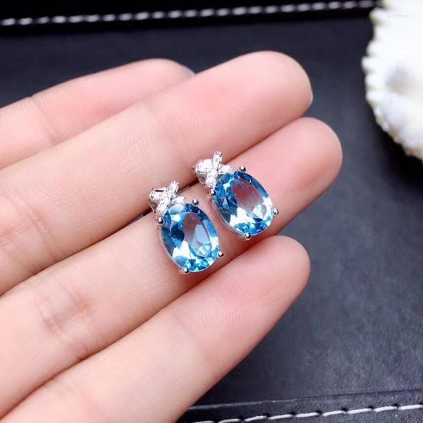 Stud Küpe Moda Zarif Yuvarlak Doğal Mavi Topaz Gem Taşı 925 Gümüş Kadın Partisi Hediye Takı