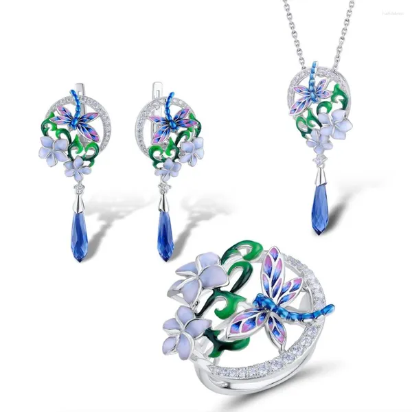 Halskette Ohrringe Set Schmuck Silber Farbe und Ring Böhmen bunt für Frauen blaue Libelle Blumen Geschenk