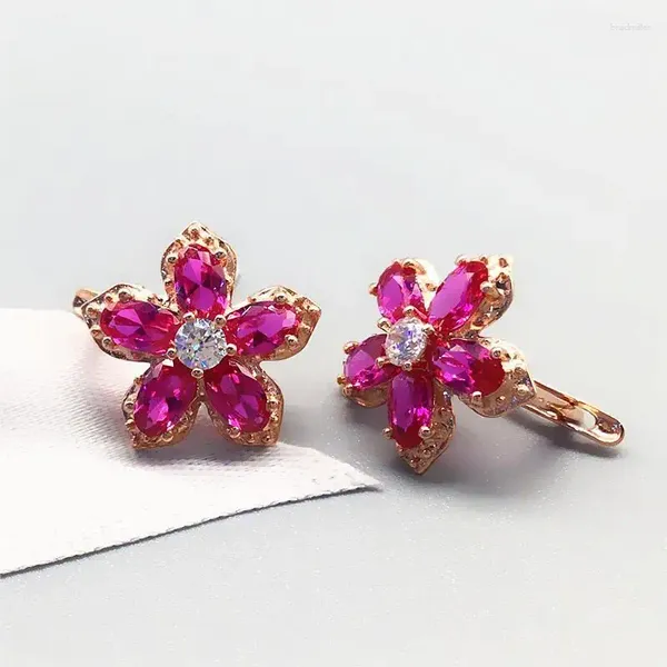 Brincos de parafuso prisioneiro 585 roxo banhado a ouro 14k rosa incrustada flor rubi para mulheres clássico glamour luxo noivado jantar jóias