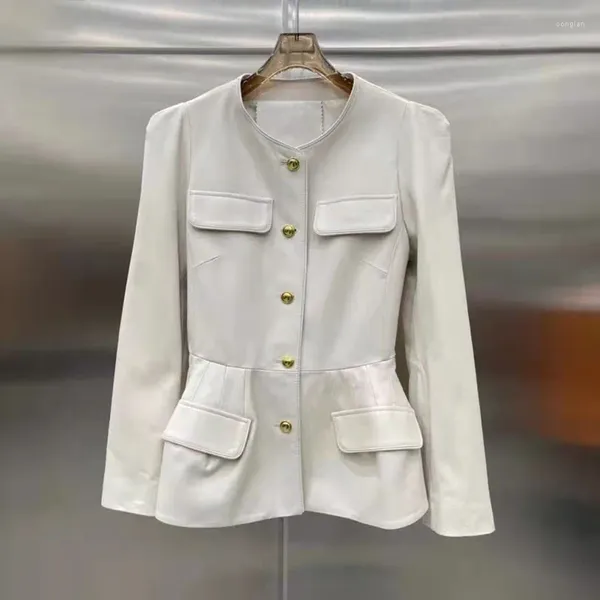 Cappotto in pelle da donna 2023 in vera pelle di pecora importata da donna nera primavera e autunno abiti femminili genuini O-collo corto con Poc