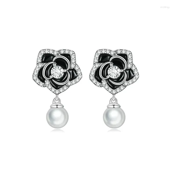 Orecchini a lobo Autoprodotto in argento sterling 925 con perla di fiori neri per donne piercing gioielli di lusso regalo per ragazza