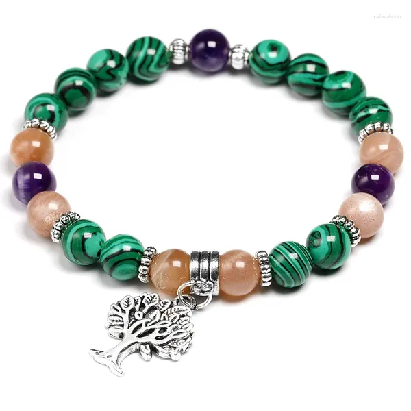 Strang Natürlicher Sonnenstein mit Malachit-Perlen-Armband für Frauen, Schmuck, Yoga, Energie, Geschenk, Charm, antik vergoldeter Baum