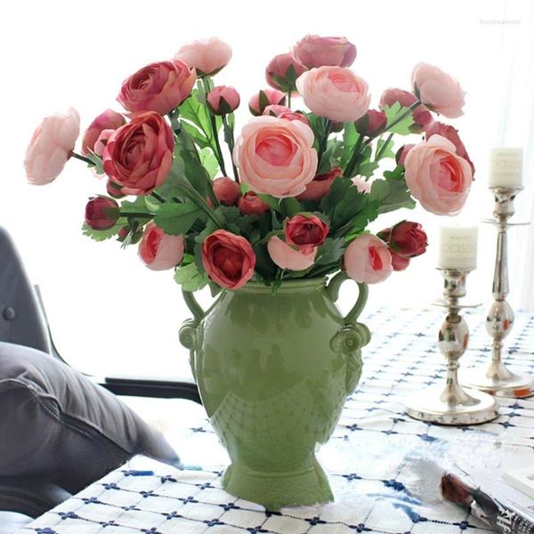 Dekorative Blumen, 56 cm, künstliche 3-köpfige Kamelie, Pfingstrose, Wohnzimmerdekoration, getrocknet, europäischer Stil, Tau, Lotus, Hochzeit