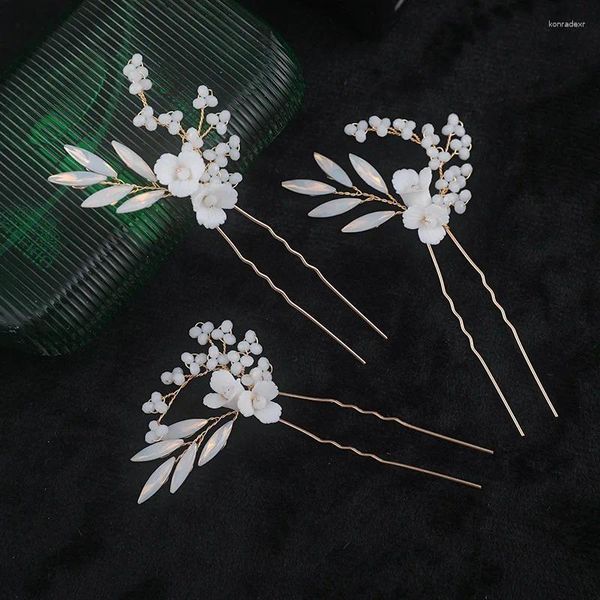 Grampos de cabelo cor ouro cerâmica flor hairpins conjunto feminino cristal branco nupcial pino clipe artesanal casamento baile jóias