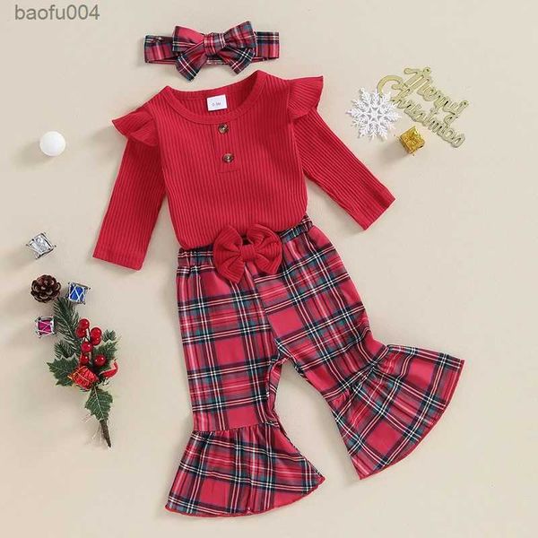 Kleidungssets 3PCS Weihnachten Baby Mädchen Kleidung Set Rüschen Langarm + Plaid Muster Flare Hosen + Stirnband Kinder Outfits R231113